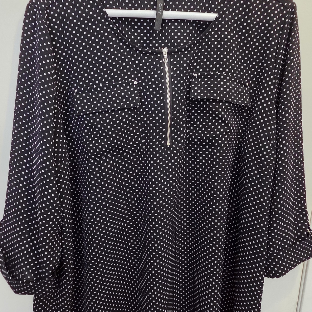 Polka Dot Zip-Front Blouse - Black/White